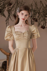 Cute Satin Tea Length Prom Dress, A-Line Short Sleeve Graduation Party Dress