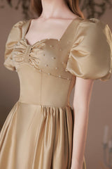 Cute Satin Tea Length Prom Dress, A-Line Short Sleeve Graduation Party Dress