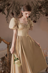 Cute Satin Tea Length Prom Dress, A-Line Short Sleeve Graduation Party Dress