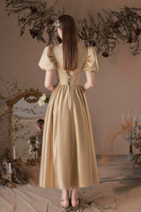 Cute Satin Tea Length Prom Dress, A-Line Short Sleeve Graduation Party Dress