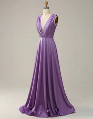 A-Line V-Neck Long Glitter Prom Dress With Pleating Pure Color