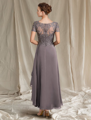 A-Line Mother of the Bride Dress Plus Size Elegant High Low V Neck Chiffon Lace Short Sleeve with Pleats Appliques