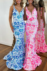 Pink V Neck Sequin Lace Mermaid Prom Dress V-neck Sexy