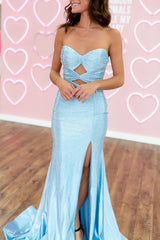 Mermaid Sweetheart Light Blue Satin Prom Dresses