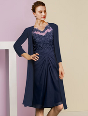 Two Piece Mother of the Bride Dress Formal Wedding Guest Vintage Elegant V Neck Knee Length Chiffon Lace Half Sleeve Jacket Dresses with Appliques