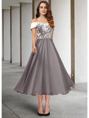 A-Line Mother of the Bride Dress Elegant Off Shoulder  Chiffon Lace Short Sleeve with Pleats Appliques