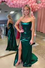 Mermaid Strapless Dark Green Long Satin Prom Dresses