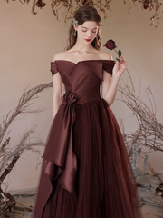 A-Line V Neck Satin Tulle Brown Red, Brown Red Long Formal Dress