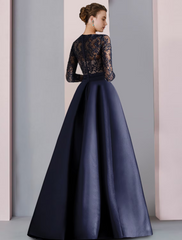A-Line Mother of the Bride Dress Formal Party Elegant V Neck Floor Length Satin Lace Half Sleeve with Bow(s) Pleats Split Front