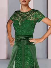 Two Piece Mother of the Bride Dress Formal Wedding Guest Elegant Scoop Neck Knee Length Chiffon Lace Short Sleeve with Bow(s)