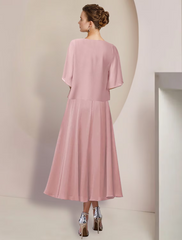 Two Piece A-Line Mother of the Bride Dress Formal Wedding Guest Elegant V Neck Chiffon Lace Sleeve Wrap Included with Appliques