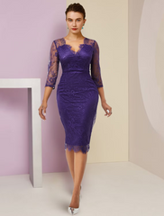 Two Piece Mother of the Bride Dress Formal Wedding Guest Elegant detachable V Neck Knee Length Chiffon Lace Sleeve with Bow(s)