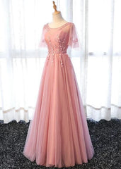 Pink Tulle A-line Long Party Dress Bridesmaid Dress A Line Short Sleeves Floor Length Prom Dress