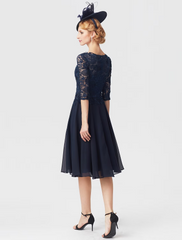 Mother of the Bride Dress Elegant V Neck Knee Length Chiffon Sheer Lace Half Sleeve with Lace