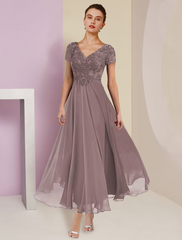 Two Piece A-Line Mother of the Bride Dress Formal Wedding Guest Elegant V Neck Lace Short Sleeve Wrap Included with Pleats Appliques