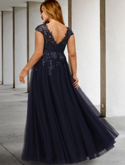 A-Line Mother of the Bride Dress Wedding Guest Elegant High Low V Neck Asymmetrical Chiffon Lace  Sleeve with Appliques