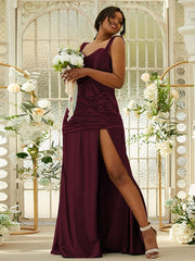 Sheath/Column Polyester Ruched Sweetheart Sleeveless Sweep/Brush Train Bridesmaid Dresses