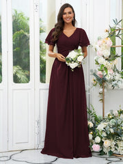 A-Line/Princess Chiffon Ruffles V-neck Short Sleeves Floor-Length Bridesmaid Dresses