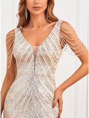 Mermaid / Trumpet Evening Gown Sparkle & Shine Dress Formal Wedding Guest Sweep / Brush Train Sleeveless V Neck Sequined with Glitter