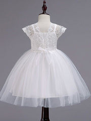 Cap Sleeve Square Neck Flower Girl Dress with Lace Tulle Cotton and Lace Belt