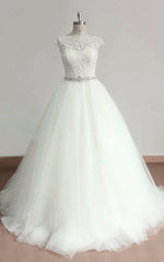 Cap Sleeve Tulle Lace Dress With Beading Sash Ribbon Keyhole Back