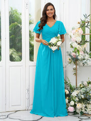A-Line/Princess Chiffon Ruffles V-neck Short Sleeves Floor-Length Bridesmaid Dresses