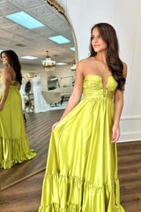 A Line Straps Ruffled Satin V Neck Long Prom Dresses