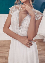 Casual A-line Backyard Tulle Long Wedding Dresses with Cap Sleeves