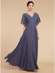 Aimishang  A-Line Mother of the Bride Dress Wedding Guest Elegant V Neck Floor Length Chiffon Lace Short Sleeve with Sequin Ruching Solid Color