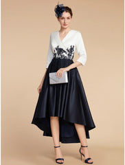 Aimishang  A-Line Mother of the Bride Dress Wedding Guest Elegant Petite V Neck Asymmetrical Satin Lace Half Sleeve with Ruching