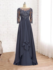 Aimishang  A-Line Mother of the Bride Dress Elegant V Neck Floor Length Chiffon Lace 3/4 Length Sleeve with Ruffles Appliques
