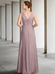 Two Piece Mother of the Bride Dress Plus Size Elegant V Neck Floor Length Chiffon Sleeveless Wrap Included Jacket Dresses with Pleats