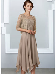 Aimishang A-Line Mother of the Bride Dress Elegant Jewel Neck Tea Length Chiffon Lace Half Sleeve with Pleats