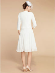 Aimishang  Two Piece A-Line Mother of the Bride Dress Wedding Guest Elegant Petite Jewel Neck Knee Length Chiffon Lace 3/4 Length Sleeve with Pleats Solid Color