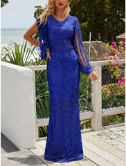 Sheath / Column Evening Gown Sparkle & Shine Dress Wedding Guest Party Wear Sweep / Brush Train Long Sleeve V Neck Sequined with Glitter Pleats