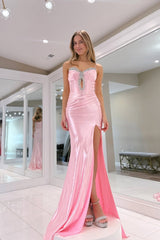 Charming Mermaid V Neck Pink Satin Long Prom Dresses
