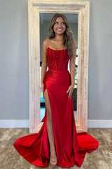 Charming Scoop Neck Red Slit Mermaid Prom Dresses