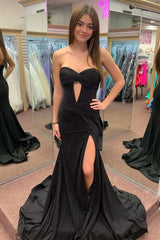 Mermaid Keyhole Black Satin Slit Long Prom Dresses