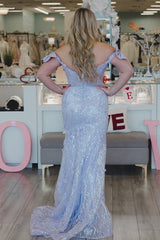 Mermaid Off the Shoulder Lilac Sequins Long Prom Dresses