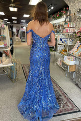 Off the Shoulder Blue Mermaid Sequins Lace Slit Prom Dresses