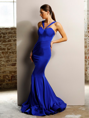 Minimalist Elegant Engagement Formal Evening Birthday Dress Halter Neck Sleeveless Floor Length Stretch Satin with Ruched
