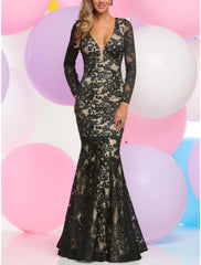 Mermaid / Trumpet Evening Gown Elegant Dress Formal Fall Floor Length Long Sleeve V Neck Lace with Pleats Embroidery