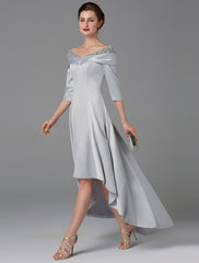 Aimishang A-Line Mother of the Bride Dress Sparkle & Shine High Low Off Shoulder Asymmetrical Satin Half-Sleeve with Lace Crystals