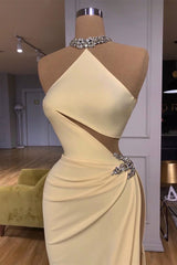 Champagne Halter Crystal Sheath Side Slit Prom Dress