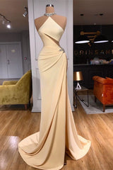 Champagne Halter Crystal Sheath Side Slit Prom Dress