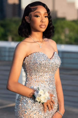 Champagne Sexy Mermaid Crystal Tulle Prom Dress