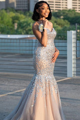 Champagne Sexy Mermaid Crystal Tulle Prom Dress