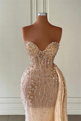 Champagne Sweetheart Tulle Crystal Sheath Prom Dress with Overskirt