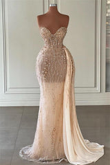 Champagne Sweetheart Tulle Crystal Sheath Prom Dress with Overskirt