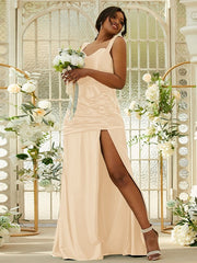Sheath/Column Polyester Ruched Sweetheart Sleeveless Sweep/Brush Train Bridesmaid Dresses